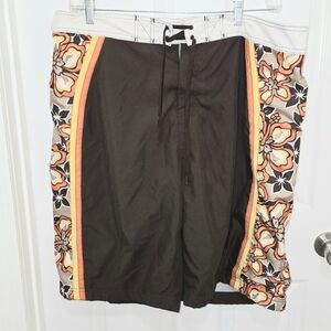 Old Navy Hawaiian Floral Print Swim Trunks Shorts Size XXL Brown Orange Beach